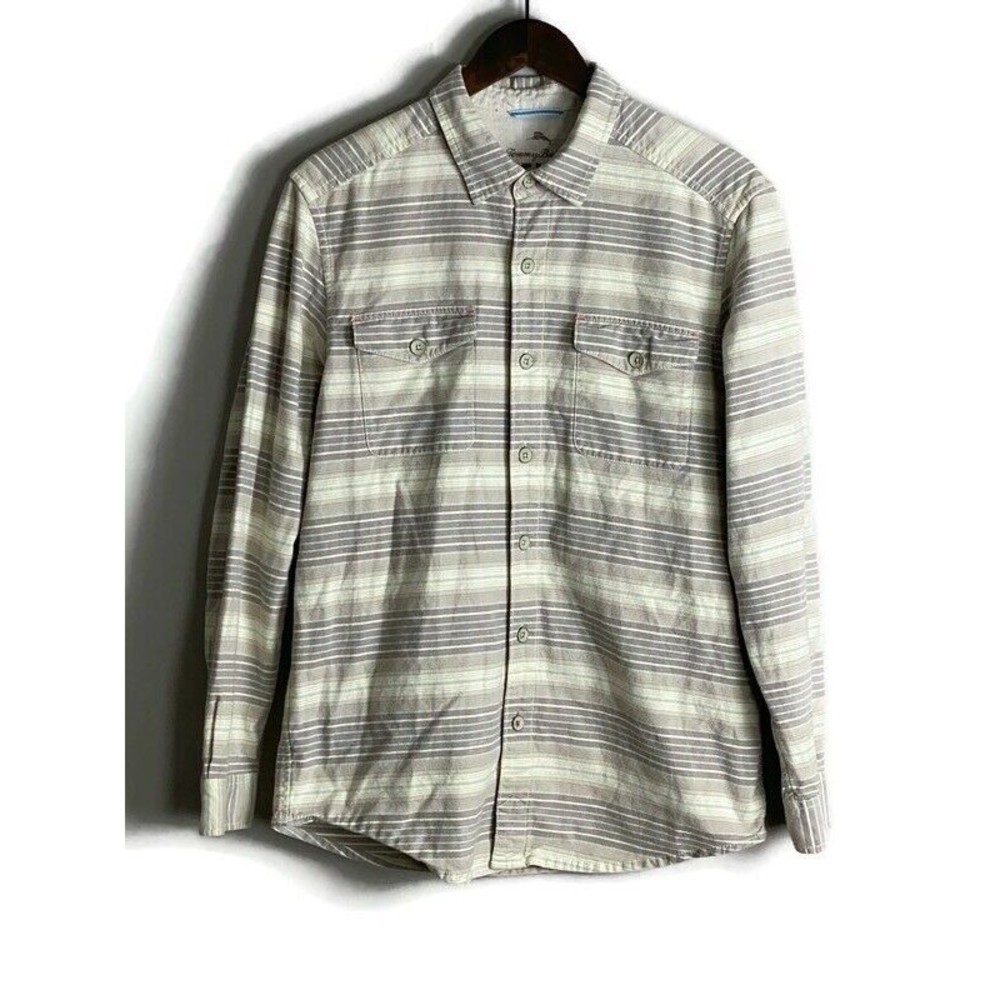TOMMY BAHAMA RELAX Mens Beige Striped Button Up Long Sleeve Shirt Size M Island